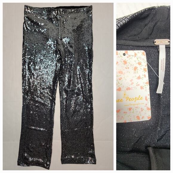Free People Black Combo Shine On Women Pants size 4 Straight Crop Going Out NEW - Picture 1 of 8